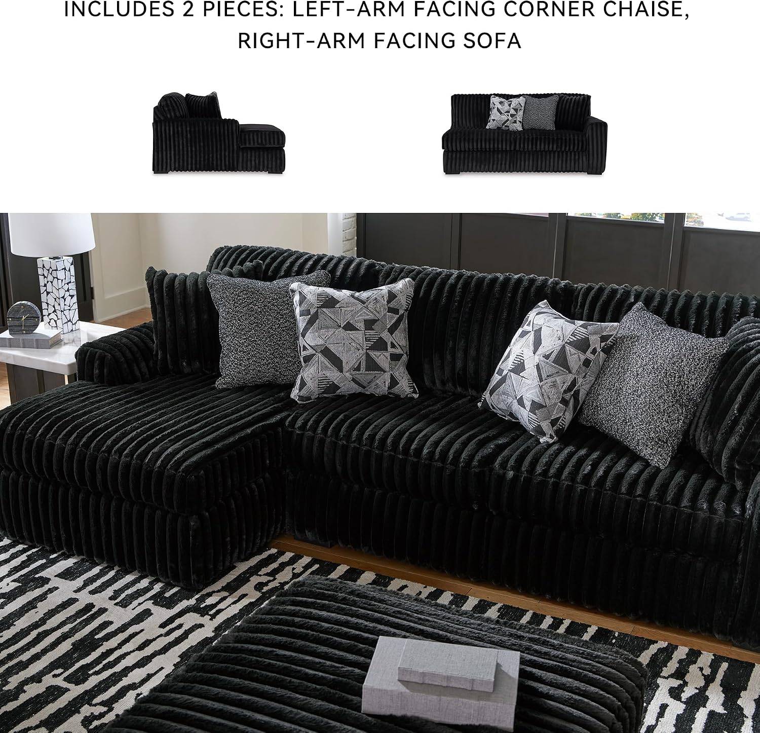 Signature Design by Ashley Midnight-Madness 2-Piece Sectional Sofa with Chaise, Faux Wood Finish Accent Legs, Fabric Upholstery, 120' W x 65' D x 40' H, Black