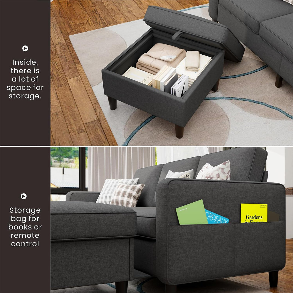 Youmumeub Sectional Couches for Living Room - Convertible Sofa and Storage Bench,79''Modern Corner Configuration,Suitable for Living Room, Apartment, Bedroom and Office-Gray | Reversible Chaise, Reversible Chaise