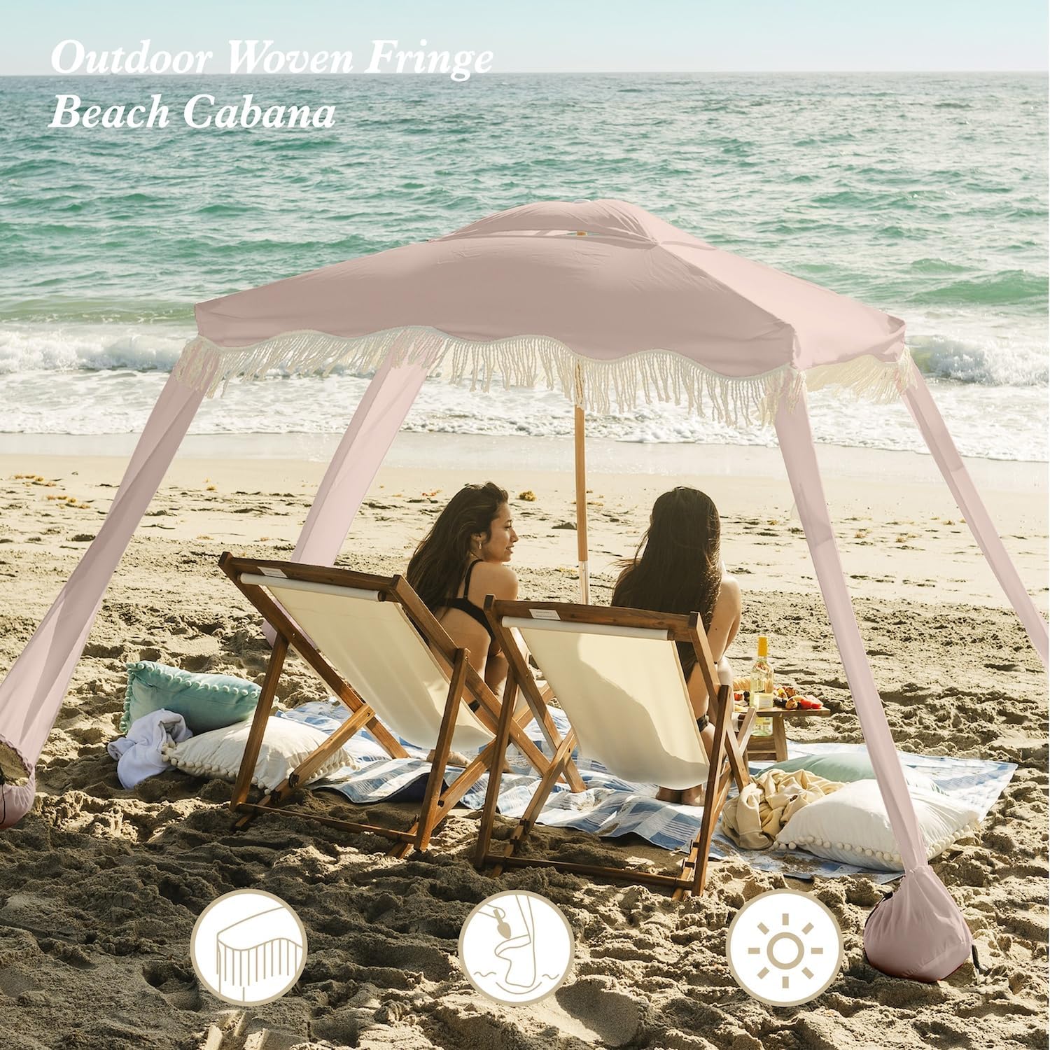 AMMSUN Beach Cabana with Fringe, 7' x 7' Boho Beach Canopy with Tassels, Easy Set up & Premium Wood Pole, Cabana Tent with Sand Pockets, Instant Sun Shade for Sand, Garden, Patio, Pink Coral
