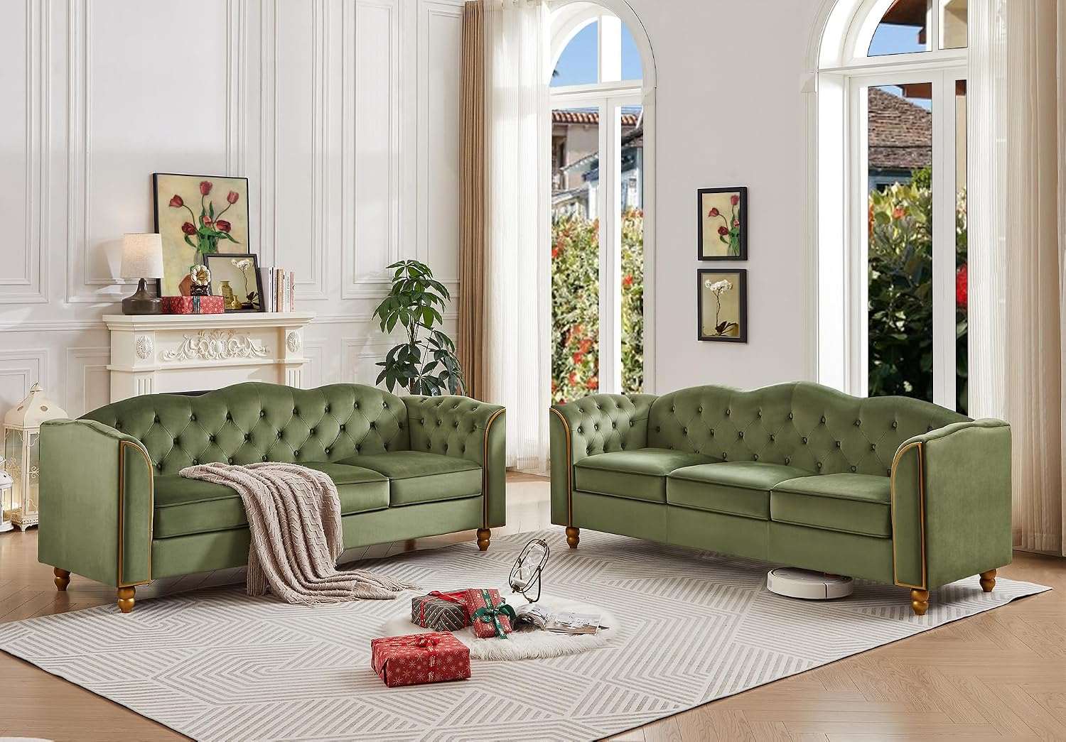 HITHOS 78' Velvet Sofa Couch, Soft 3 Seater Sofa Couche for Living Room, Button Tufted Comfy Couch Modern Sofa with Upholstered Cushion, Gold Trim, Solid Wood Legs for Dorm Bedroom Apartment, Green