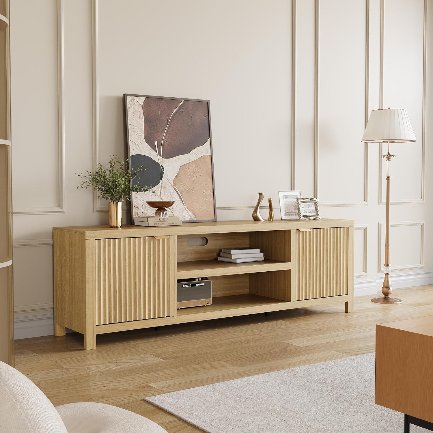 IDEALHOUSE Fluted TV Stand for 75+'', Modern Entertainment Center with 2-Tier Storage & Adjustable Shelves, Media Console Cabinet with 2 Fluted Doors & Gold Handle for Living Room Bedroom, Natural Oak