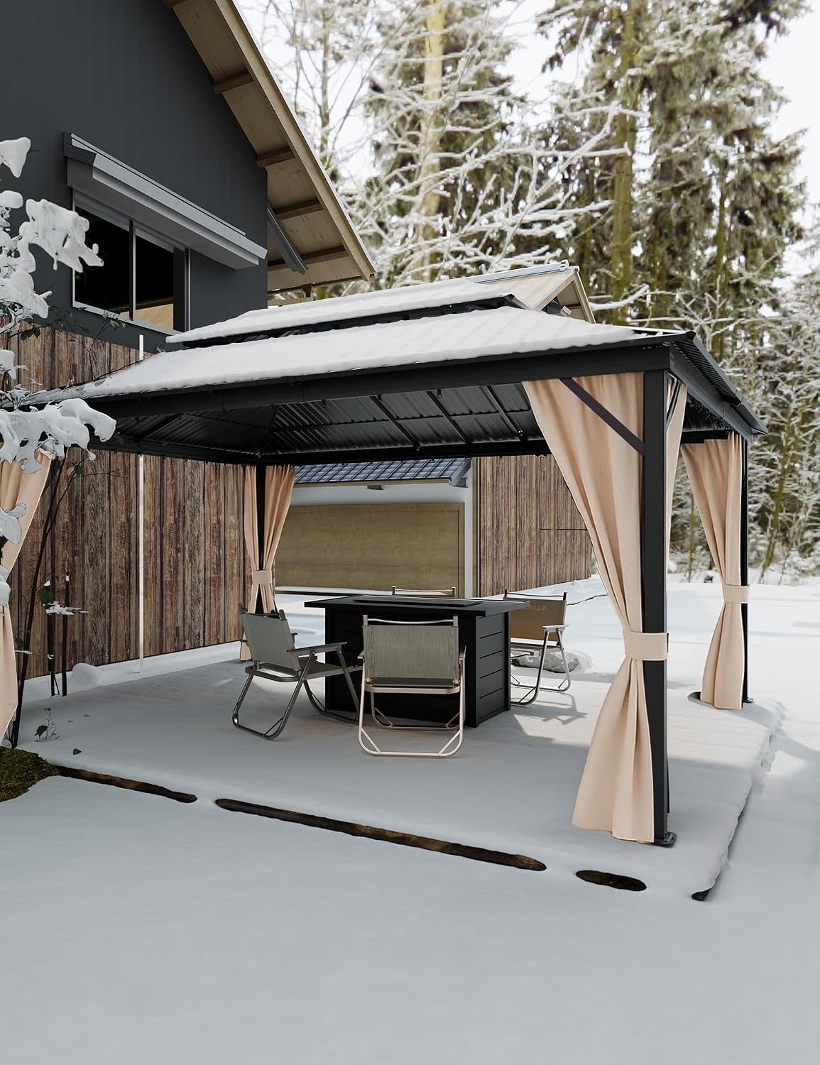 12'x16' Hardtop Gazebo for All Weather, with Double Metal Roof, Aluminum Alloy Frame, Net, and Curtain, Permanent Building for Patio, Deck, Backyard, Lawn, and Garden, Khaki