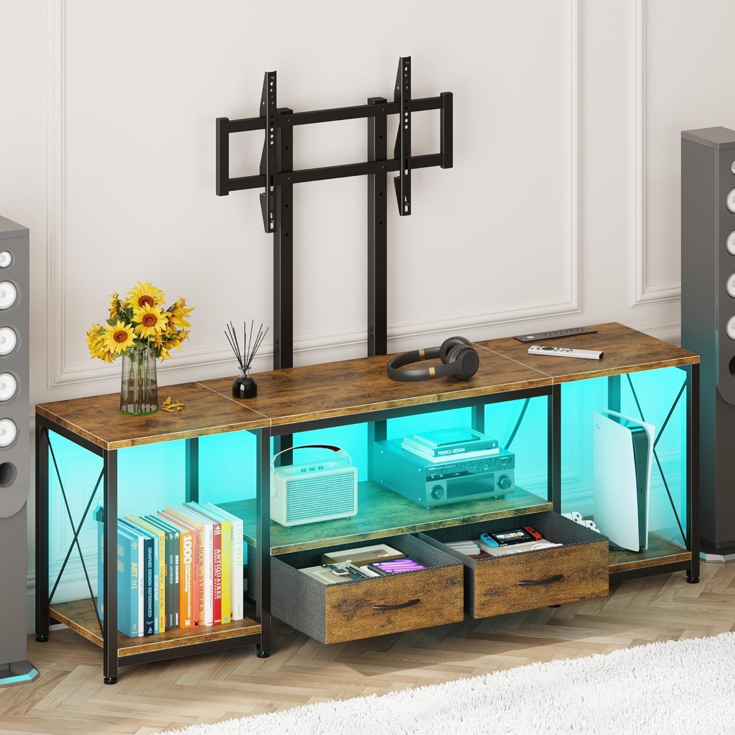 GYIIYUO LED TV Stand with Mount and Power Outlet & Fabric Drawers for 32-85 Inches TV - Entertainment Center and Corner Tv Stand for Living Room, Bedroom- 47' Rustic Brown (Max VESA 600mm × 400mm | with Mount, Power Outlet, Fabric Drawers, 32-85 Inches TV