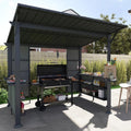 Domi 9x10FT Grill Gazebo Hardtop, BBQ Gazebo for Outdoor Grill with Storage Shelves and Expansion Platform, Metal Permanent Lean-to Canopy for Patio Backyard Lawn, Grey