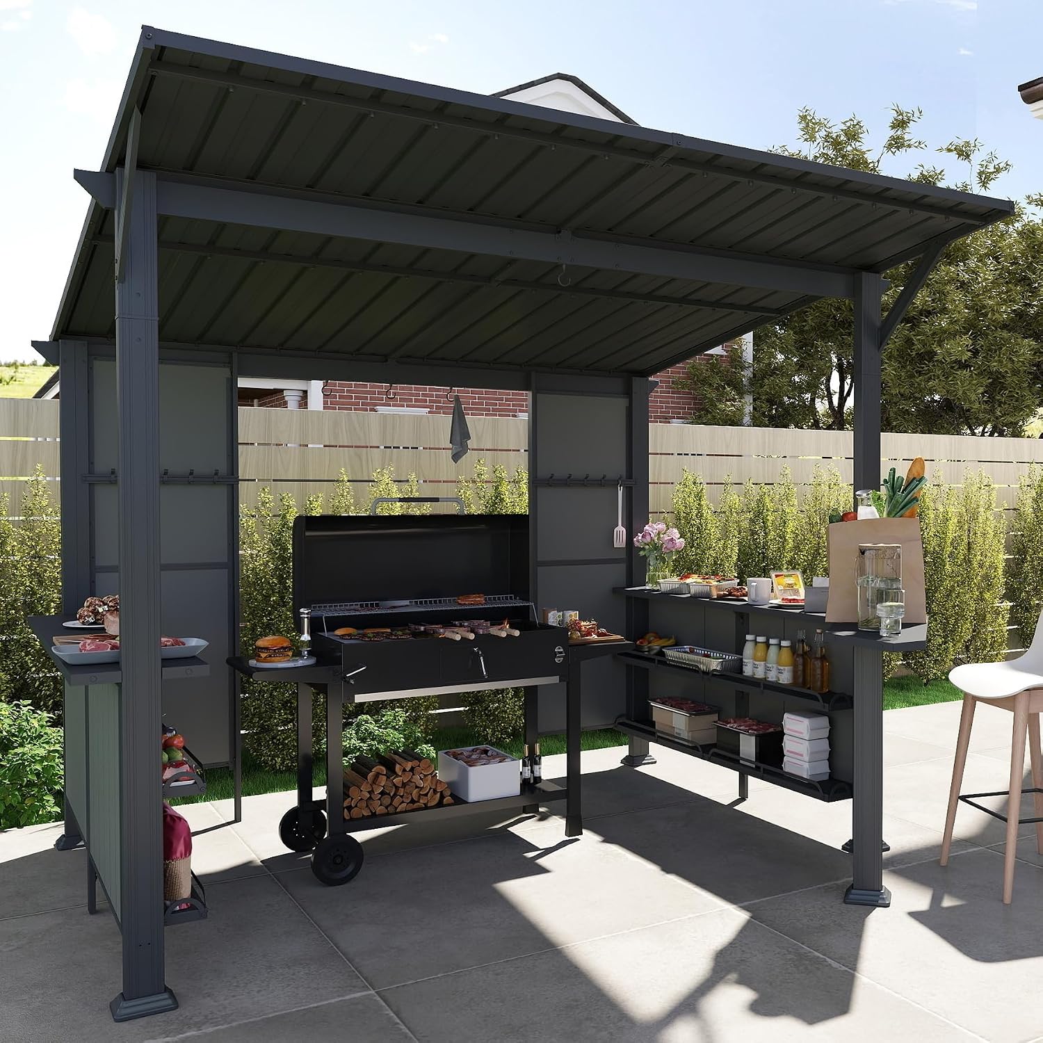 Domi 9x10FT Grill Gazebo Hardtop, BBQ Gazebo for Outdoor Grill with Storage Shelves and Expansion Platform, Metal Permanent Lean-to Canopy for Patio Backyard Lawn, Grey