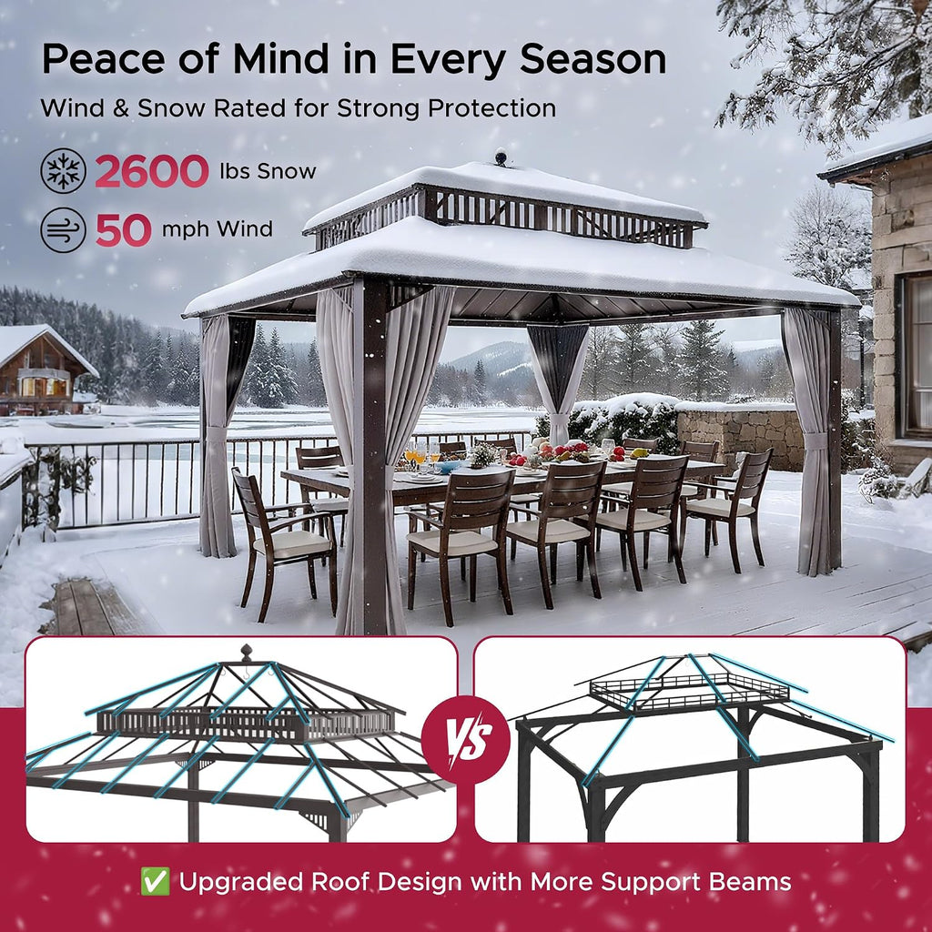 SUNJOY Kingston 14' x 12' Hardtop Gazebo with Galvanized Steel/Polycarbonate Double Roof, Curtain and Netting, Brown Aluminum Posts Permanent Pavilion Gazebo for Garden, Patio, Deck, Lawn