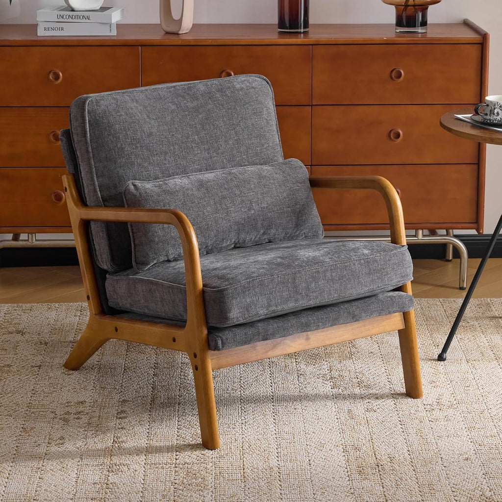 Karl home Mid Century Modern Accent Chair with Lumbar Pillow & Oak Arms – Plush Chenille Living Room Chair for Bedroom, Lounge (Gray)