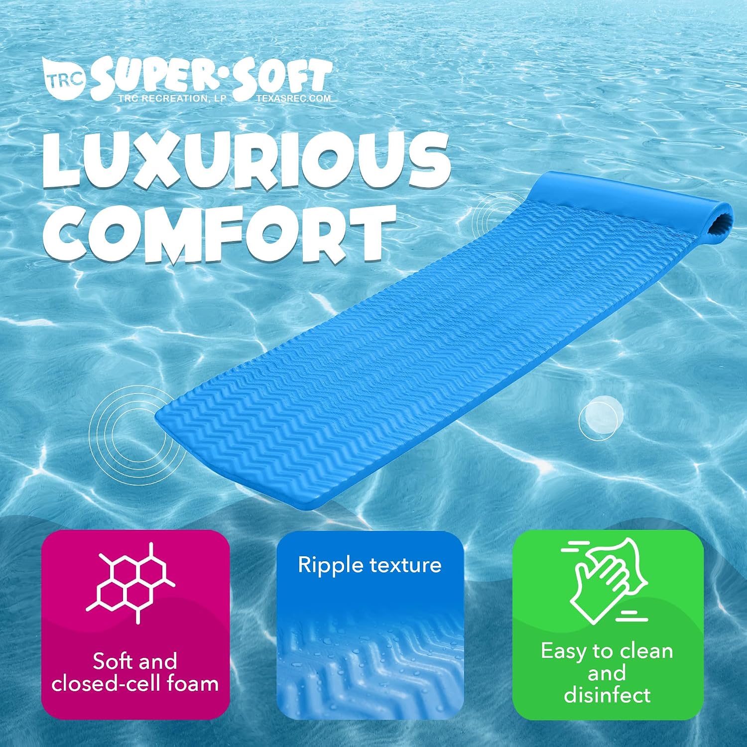 TRC Recreation Serenity 1.5' Thick Vinyl Coated Foam Swimming Pool Float Mat Adult Lounger with Built-in Roll Pillow