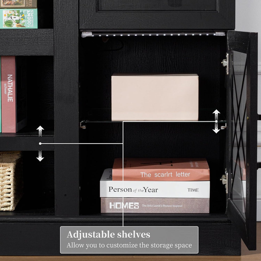 70 Inch Farmhouse TV Stand Table for 75 80 inch TV, Modern Entertainment Center with LED Lights and 2 Drawers, Wooden TV Stands for Living Room (Black)