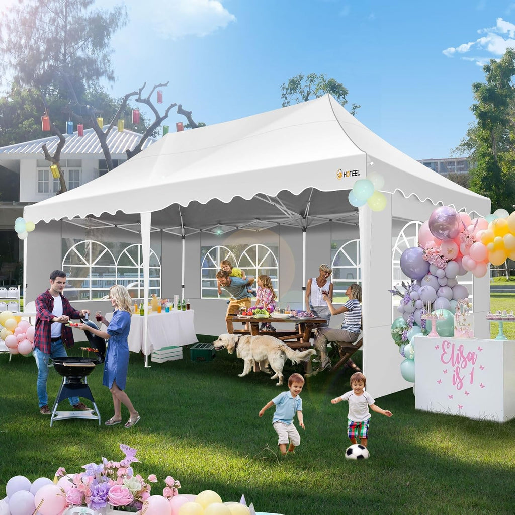 HOTEEL 10x20 Pop up Canopy Tent with 6 Removable Sidewalls, Wave Hem Roof 10x20 Canopy with Wheel Bag and 4 Sandbag, Commercial Pop up Tent Waterproof Sunshade for Market Wedding Party Stall (White)