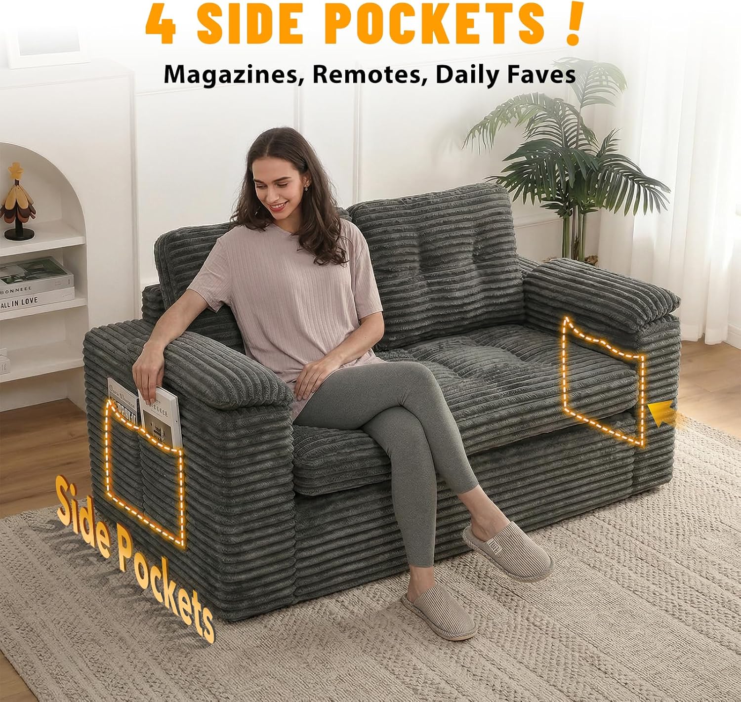 Boneless Loveseat Sofa, 58in Boneless Cloud Couch for Living Room 2 Seater Modern Lounge Sleeper Couch with Removable Cover Corduroy Sofa with Armrest, Dark Grey