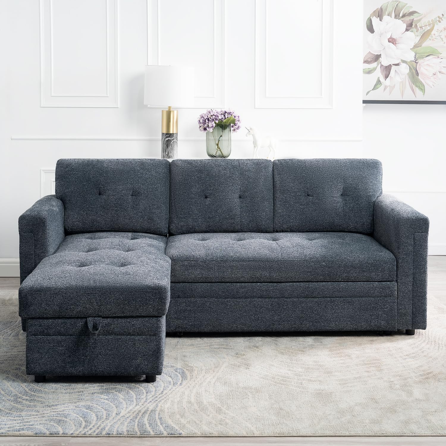 Naomi Home L-Shaped Sectional Sleeper Sofa with USB Ports - Convertible Pull-Out Bed, Ample Storage, Timeless Design, Durable Construction Gray/Microfiber