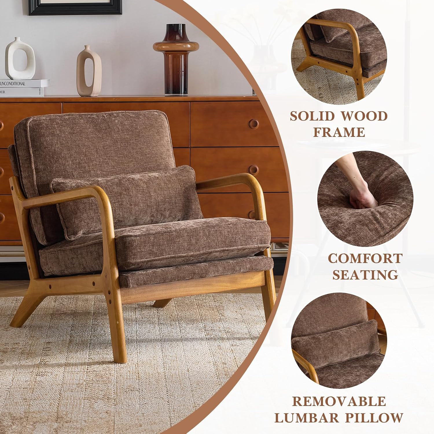 Karl home Mid Century Modern Accent Chair with Lumbar Pillow & Oak Arms – Plush Chenille Living Room Chair for Bedroom, Lounge (Brown)