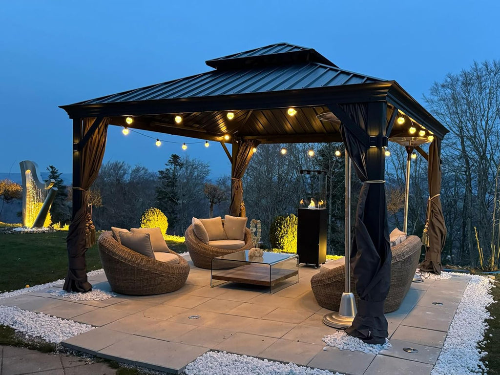 PURPLE LEAF 12' X 12' Outdoor Gazebo with Metal Roof Permanent Hardtop Gazebo with Light for Patio Lawn and Garden Grey