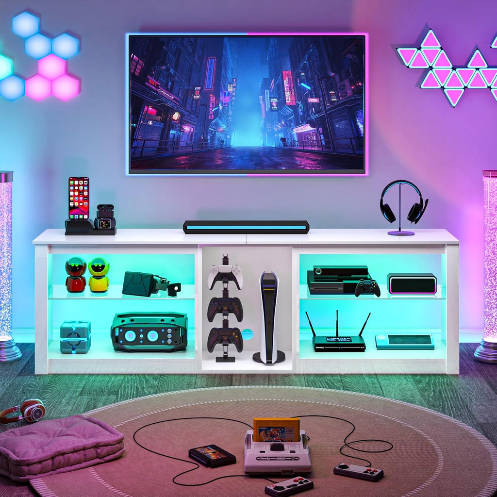 Clikuutory Modern 63 inch TV Stand with LED Lights for 50 55 60 65 70 75 inch TVs, High Gloss Entertainment Center for PS5, TV Cabinet with Glass Shelves for Living Room, Bedroom, Bright White