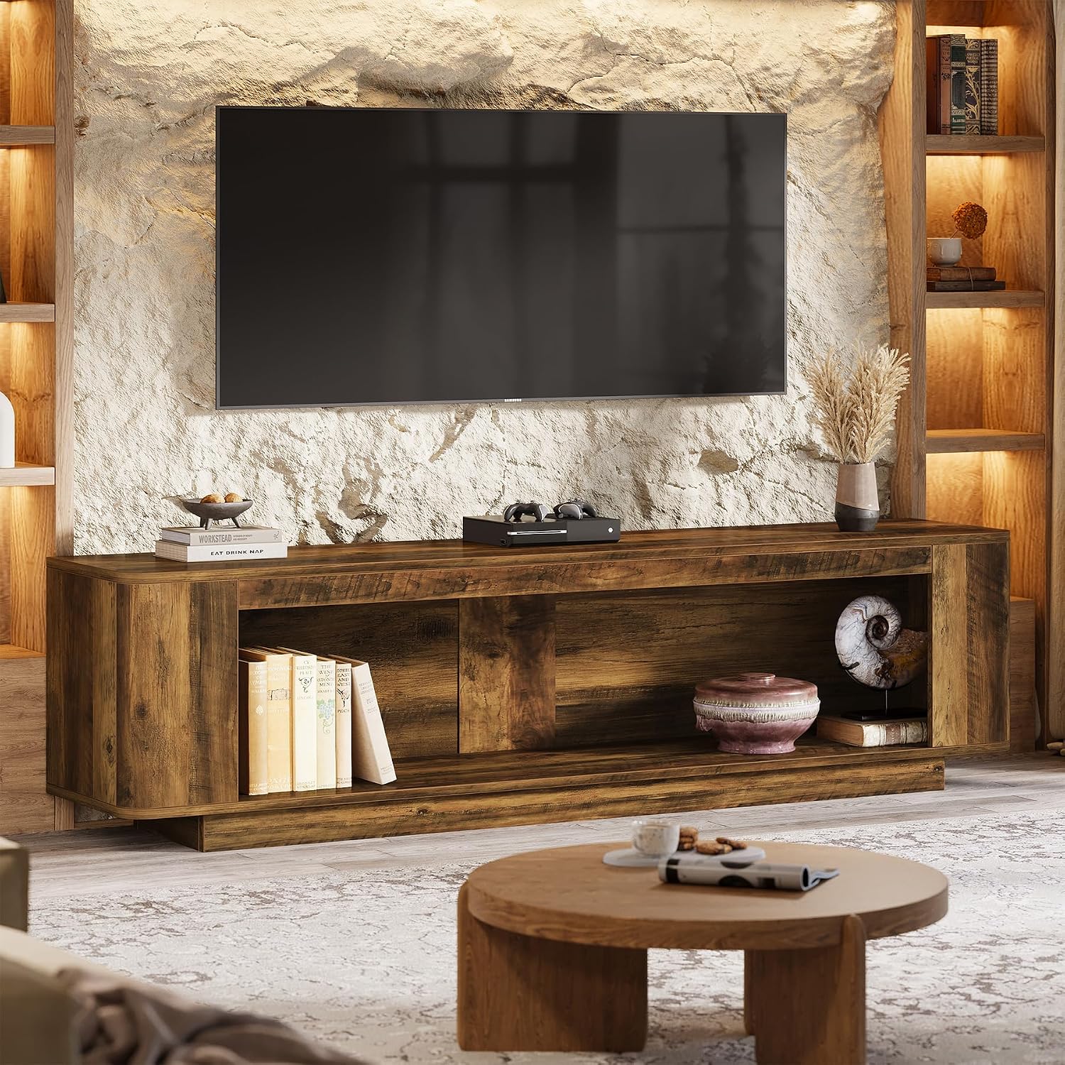 Tribesigns 70.9-Inch TV Stand, Farmhouse Entertainment Center for 65/70/75/80-Inch TVs, Television Console Table with LED Light Strip, Media Console for Living Room, Bedroom, Rustic Brown