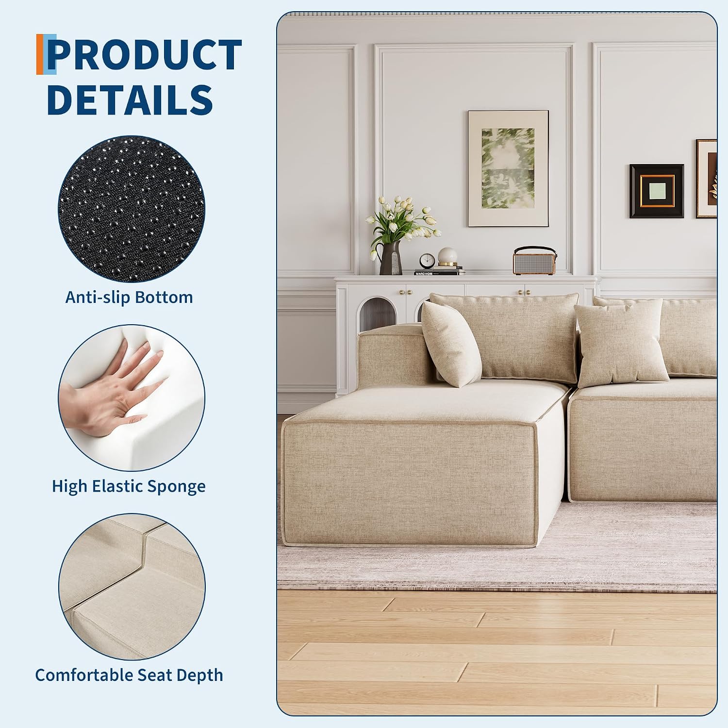 GarveeHome Modular Sectional Couches for Living Room, Cloud Sectional Couch with Deep Seat, 106.7 in Modular L-Shape Sofa with Chaise, Upholstered Couches for Bedroom, Chenille Beige