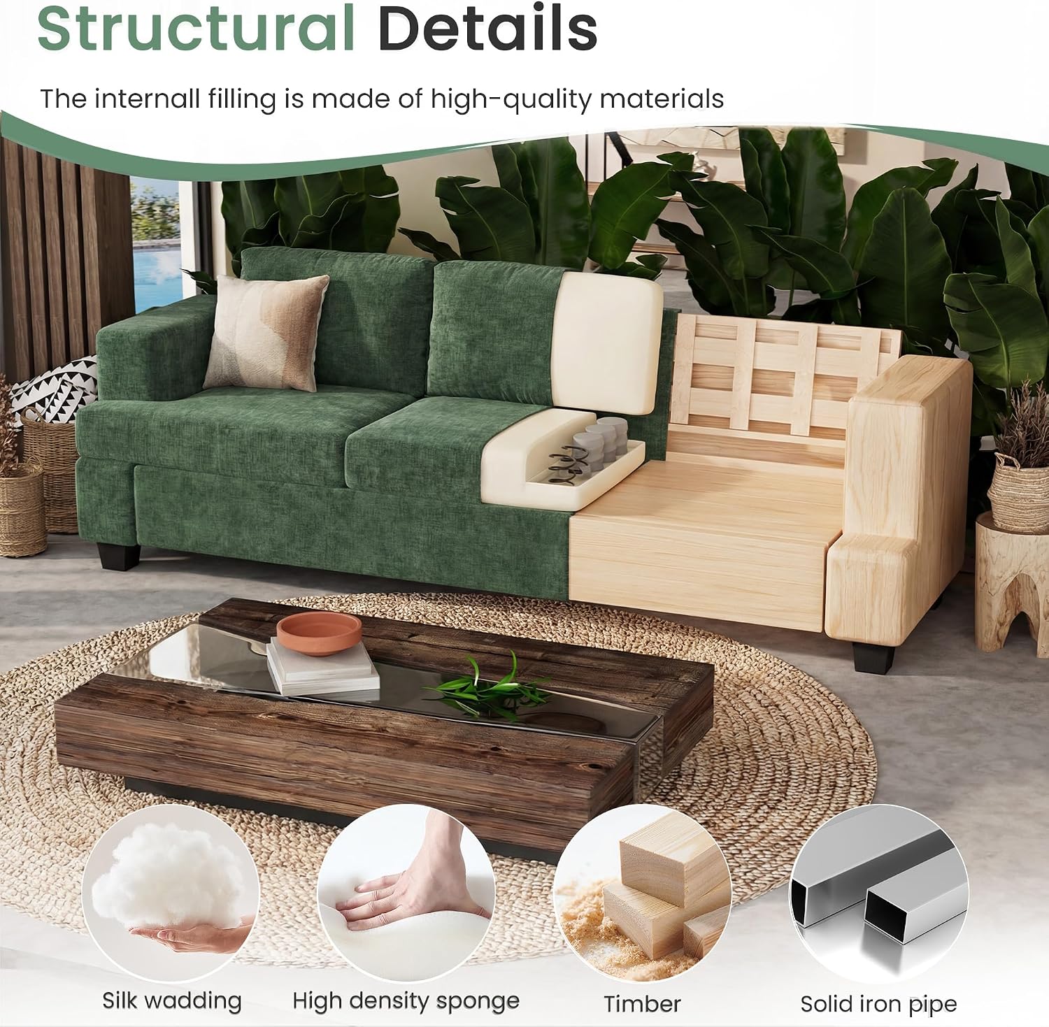 YOUDENOVA 2 Piece Set Comfy Sofa Couch, 3 Seater & Loveseat Sofa with Deep Seats, Modern Sleeper Couch for Living Room, Green Chenille