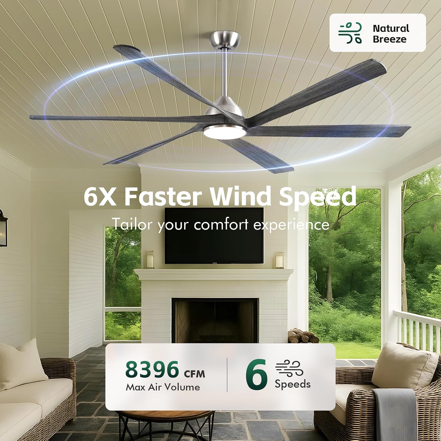 72 Inch Outdoor Smart Ceiling Fan with Light, Alexa App Remote Control, 6 Solid Wood Propeller Blade, High CFM Quiet Reversible DC Motor, Modern Farmhouse for Indoor Living Room Exterior Patio
