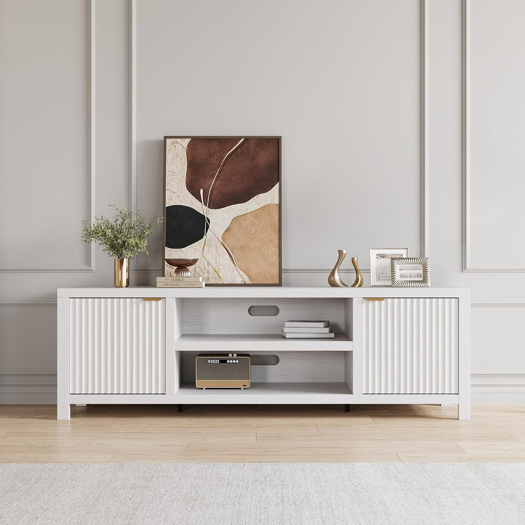IDEALHOUSE Fluted TV Stand for 75+ Inch, Modern Entertainment Center with 2-Tier Storage & Adjustable Shelves, Media Console Cabinet with 2 Fluted Doors and Gold Handle for Living Room, Bedroom, White