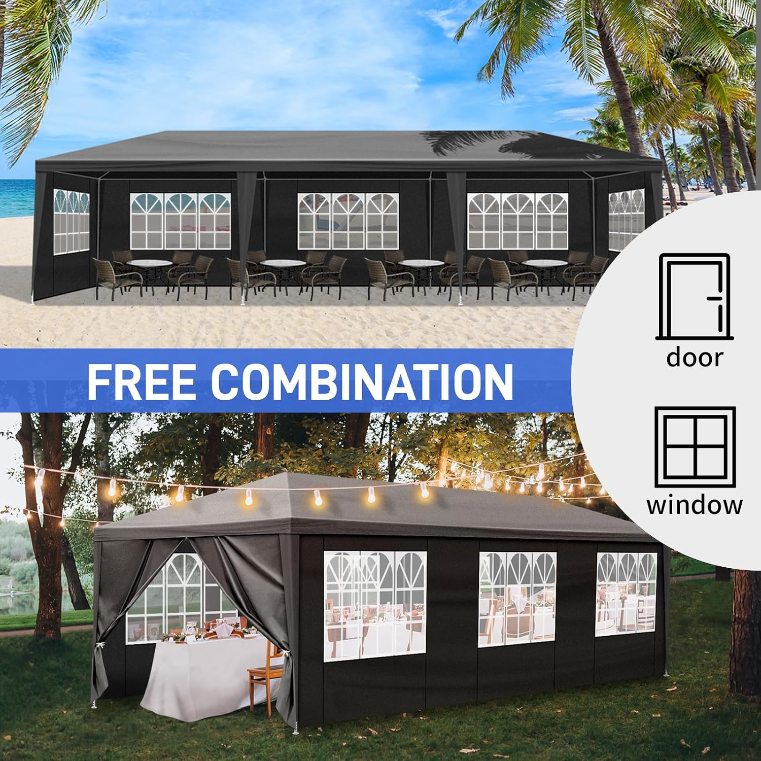 10'x30' Party Tent Outdoor Wedding Event Tents with 8 Removable Sidewalls, Heavy Duty Gazebo, Large Canopy Waterproof for Parties Patio Birthday Christmas Black