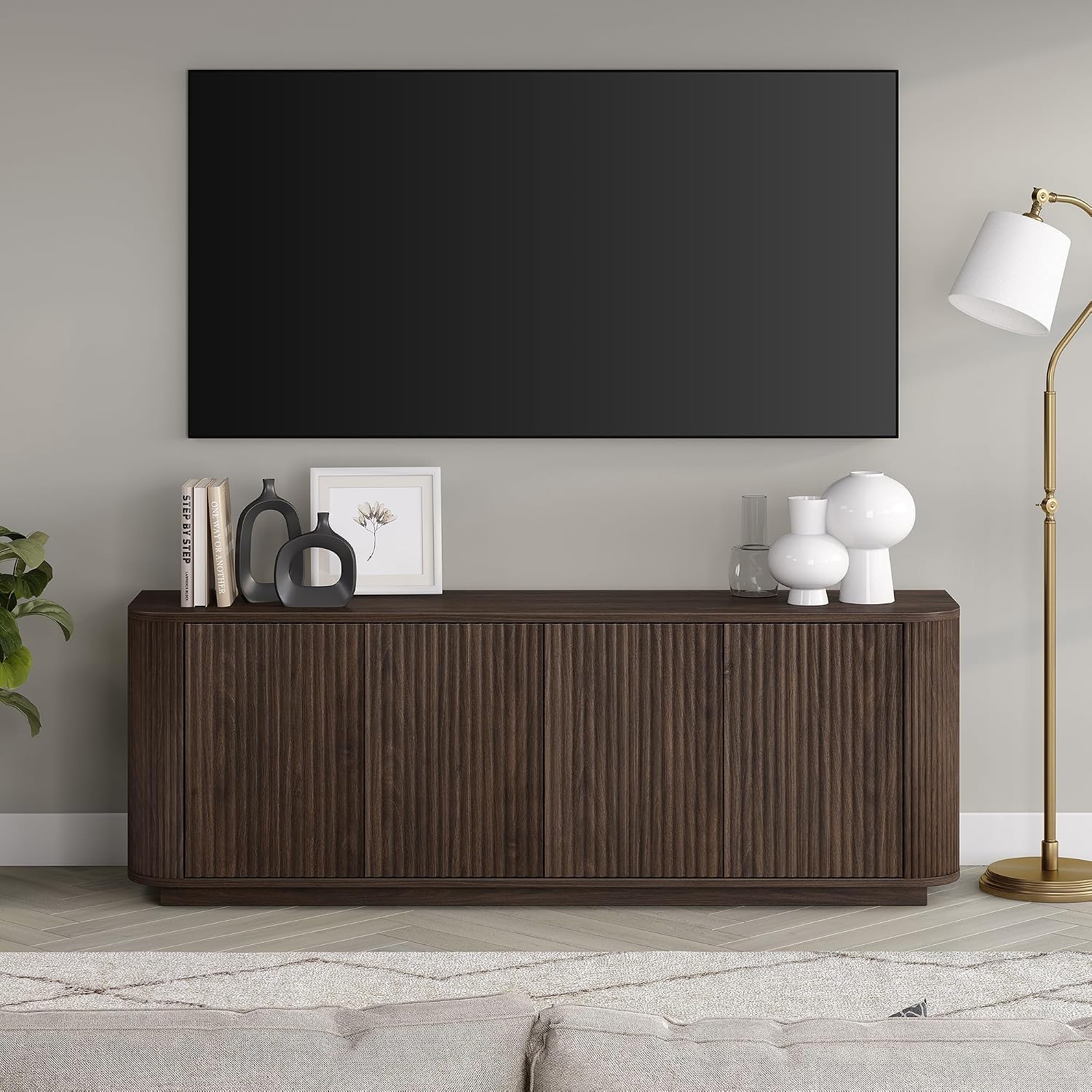 Henn&Hart Fluted TV Stand for TVs up to 75'' with 2 Ribbed Storage Cabinets with an Adjustable Shelf for Living Room, Family Room, or Office, Rich Brown