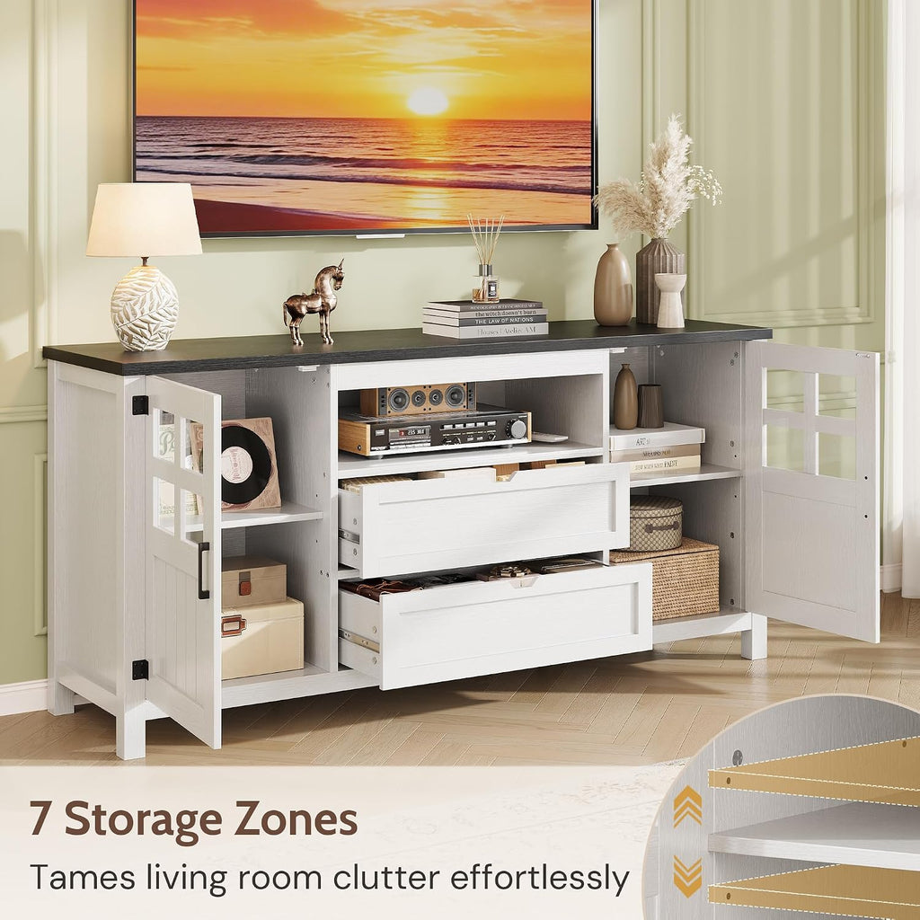 Farmhouse TV Stand for 65 70 75 Inch TVs, Entertainment Center with Adjustable Shelves, 2 Barn Doors and Drawers, Storage Media Cabinet for Living Room or Bedroom-White