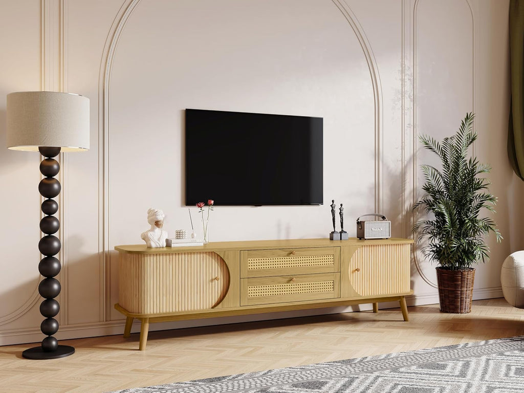 Merax Modern Fluted TV Stand for 75' TVs, Mid-Century Entertainment Center Tambour Door Media Console TV Cabinet with Rattan-Front Drawer for Living Room, Curved Profile Design