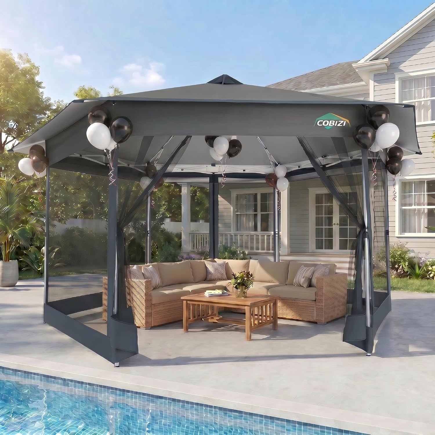 COBIZI 16x16 Pop Up Gazebo Tent with Mosquito Netting, Gazebos on Clearance, Hexagonal Outdoor Canopy Shelter, Patented Center Lock 6-Sided Portable Gazebos, Pop Up Canopy Tent for Backyard, Gray