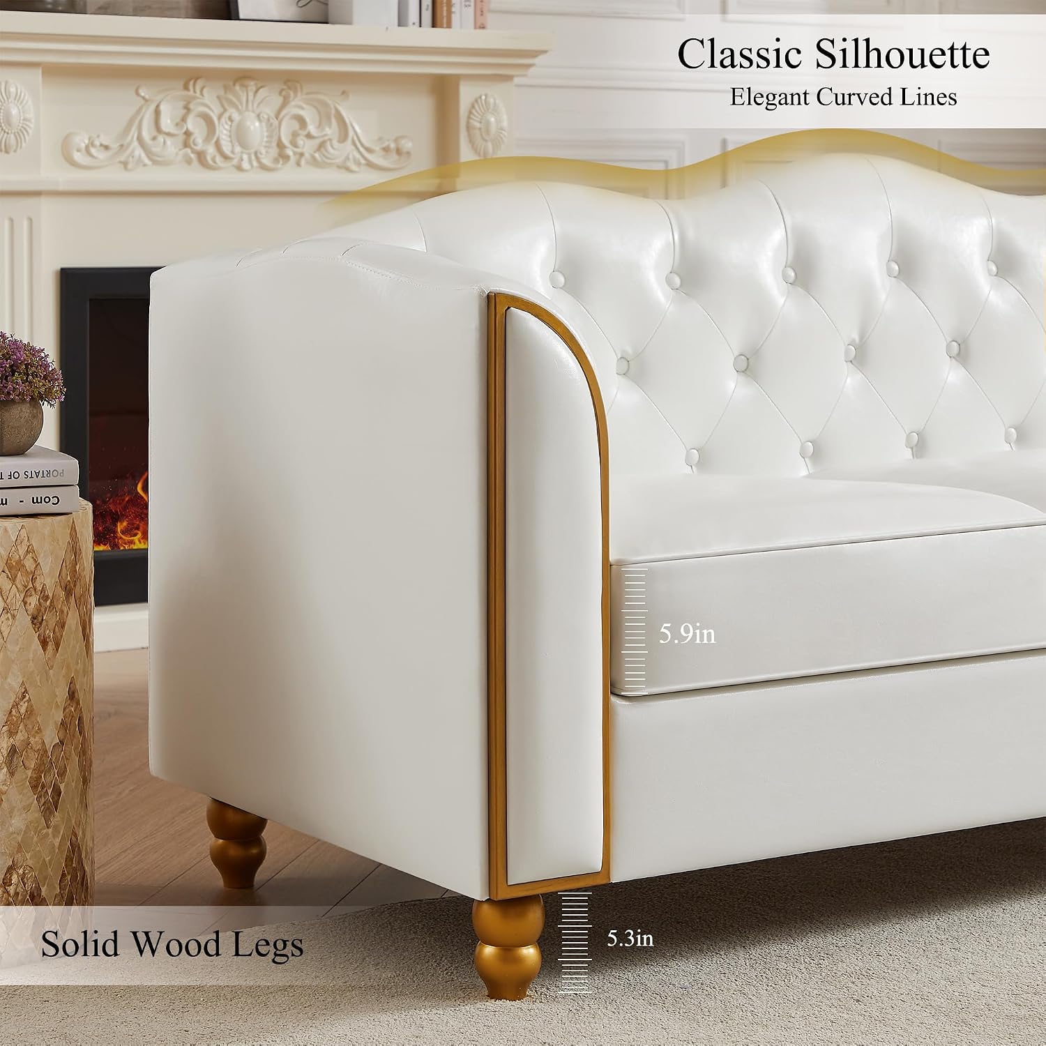 HITHOS 78' Leather Sofa Couch, Soft 3 Seater Sofa Couches for Living Room, Button Tufted Comfy Couch Modern Sofa with Upholstered Cushion, Gold Trim, Solid Wood Legs for Dorm Bedroom Apartment, White