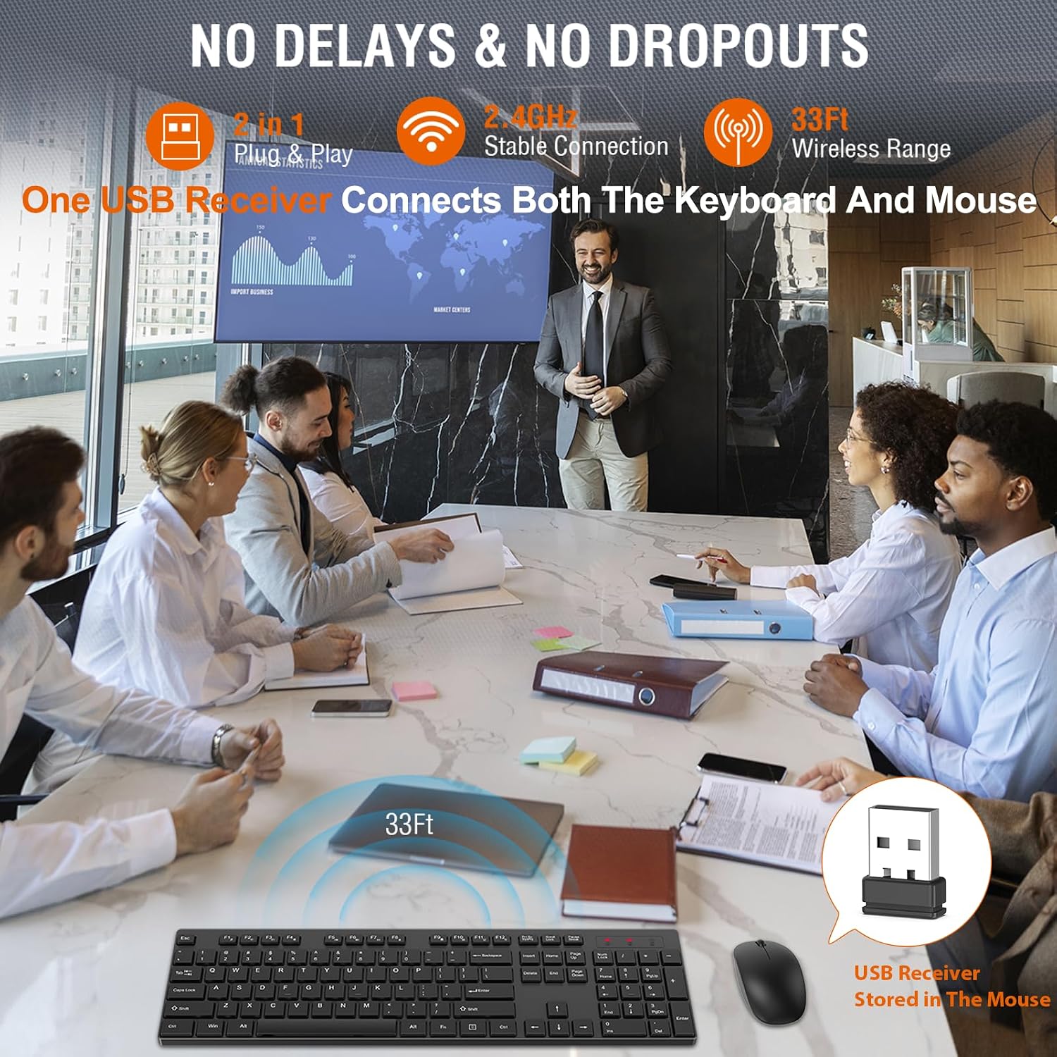 Wireless Keyboard and Mouse Combo, EDJO Silent Full Size Cordless USB Keyboard Mouse, 2.4GHz Lag-Free, Long Battery Life, for Computer, Laptop, PC, Chromebook, Windows (Black, 8 Pack)