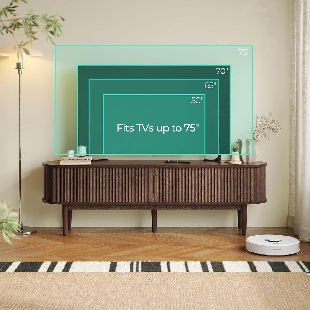 LINSY HOME Fluted TV Stand for 75' TV, Mid-Century Modern 70' Entertainment Center with Sliding Tambour Door and Storage Cabinet, Cruved TV Media Console Table for Living Room, Bedroom, Walnut