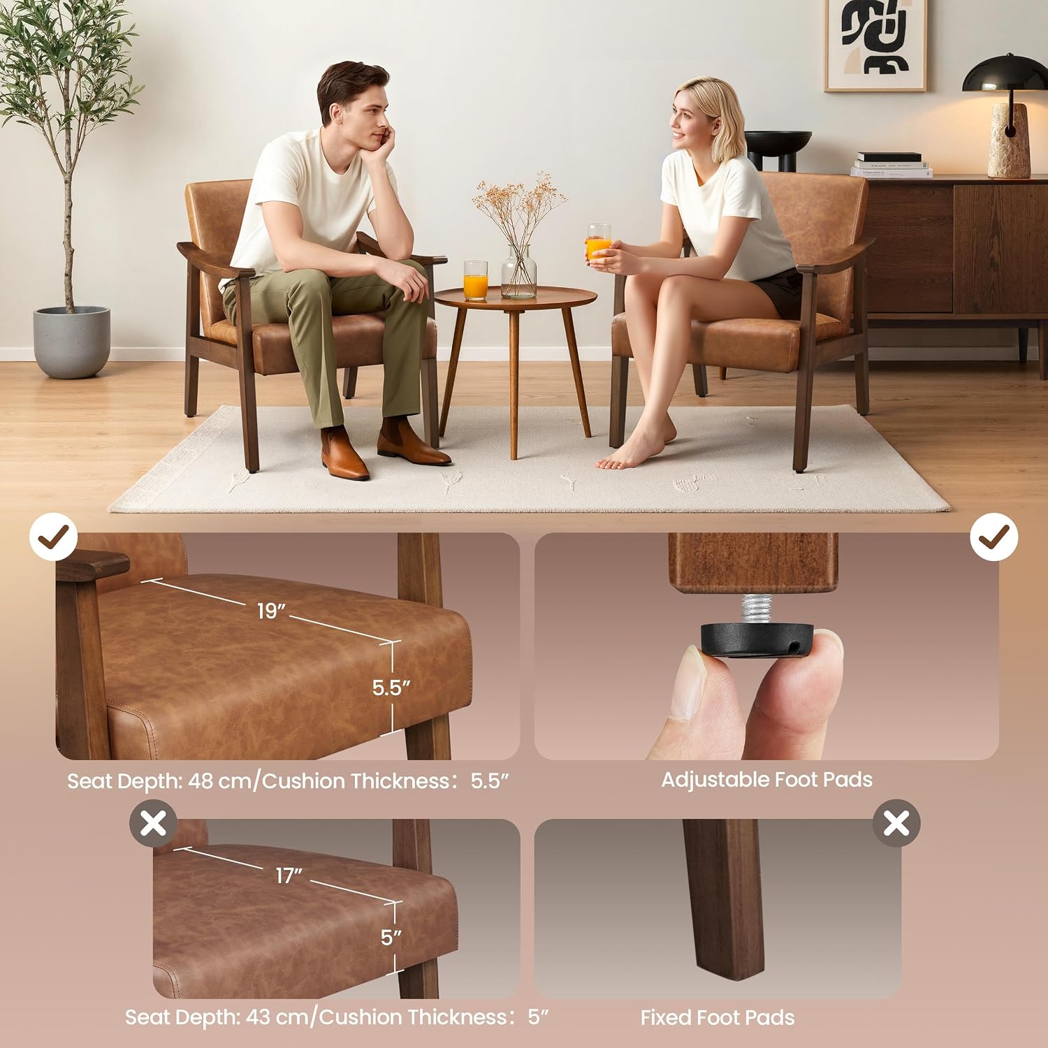 Yaheetech PU Leather Accent Chair, Mid-Century Modern Armchair with Solid Wood Legs, Reading Leisure Chair with High Back for Living Room Bedroom Waiting Room, Set of 2, Brown
