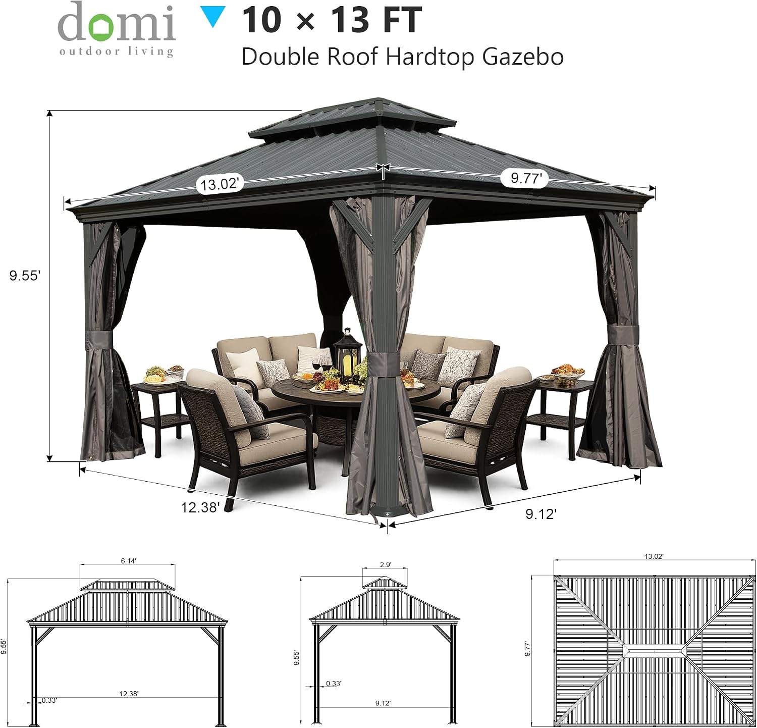 Domi 10' x 13' Outdoor Hardtop Gazebo, Upgraded Metal Gazebo with Galvanized Steel Double Roof, Heavy Duty Canopy Permanent Pavilion for Patio Lawn and Garden, Curtains and Netting Included, Grey