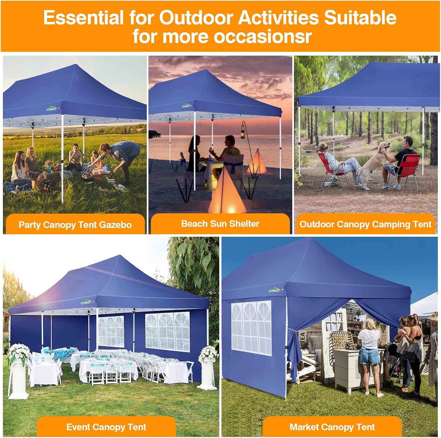 COBIZI Canopy 10x20 Pop Up Canopy Tent with 6 Sidewalls, Waterproof Commercial Canopy Ez Outdoor Instant Gazebo Easy to Set up Event Shelter, Garden Tents for Parties with Sandbags, Dark Blue