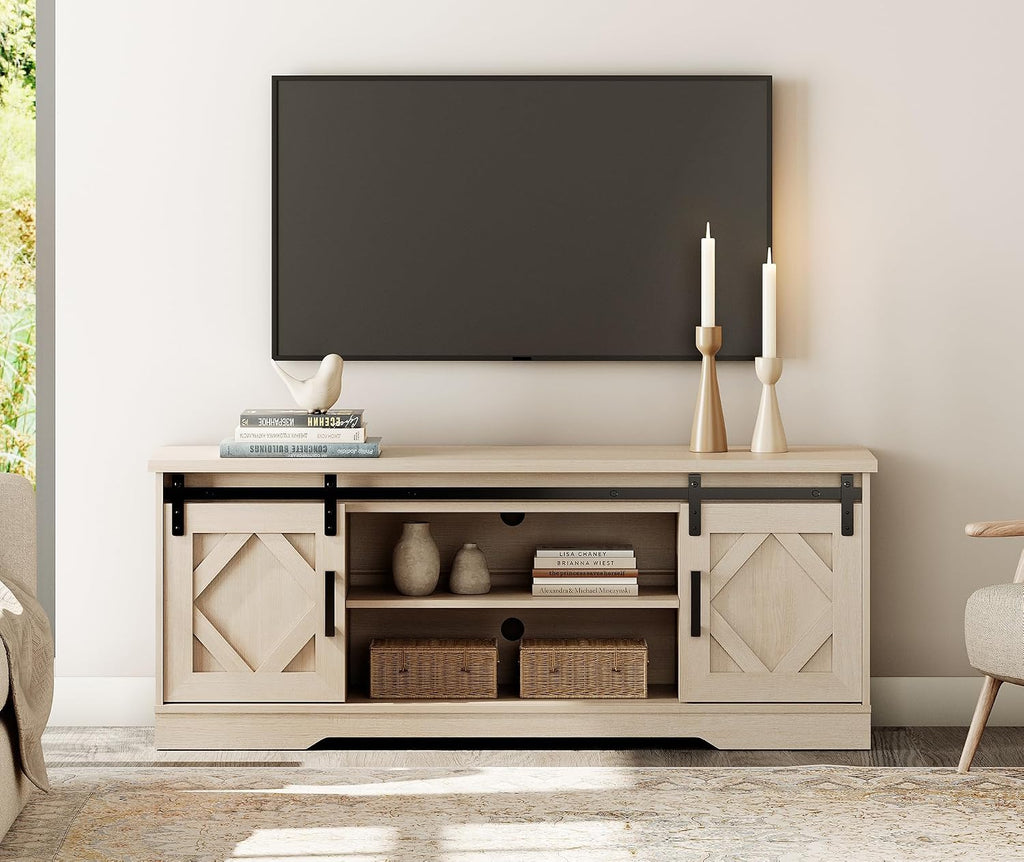 WAMPAT Modern Farmhouse TV Stand for TVs up to 65' with Sliding Barn Doors, 23.6' H Wood Entertainment Center with Adjustable Media Storage Shelf for Living Room, Beige Wood