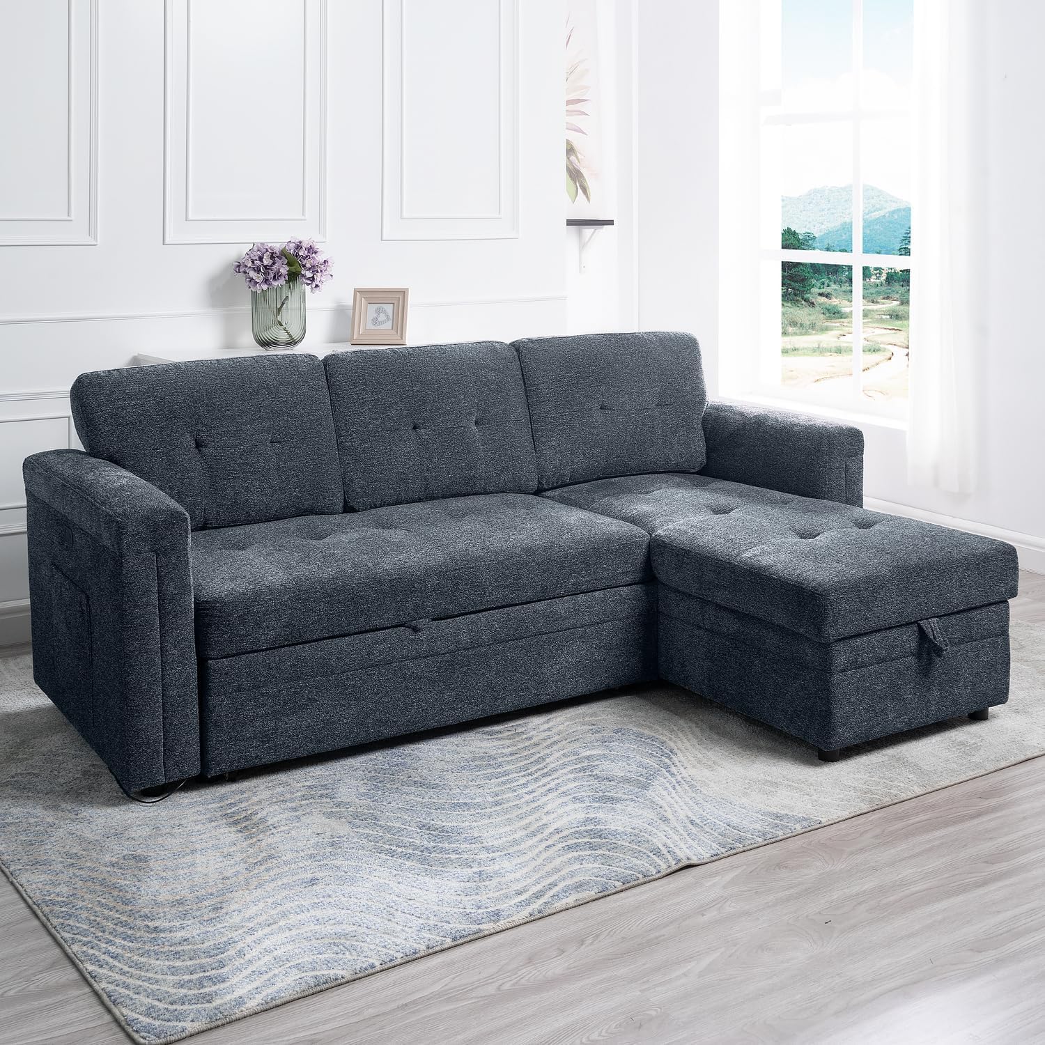 Naomi Home L-Shaped Sectional Sleeper Sofa with USB Ports - Convertible Pull-Out Bed, Ample Storage, Timeless Design, Durable Construction Gray/Microfiber