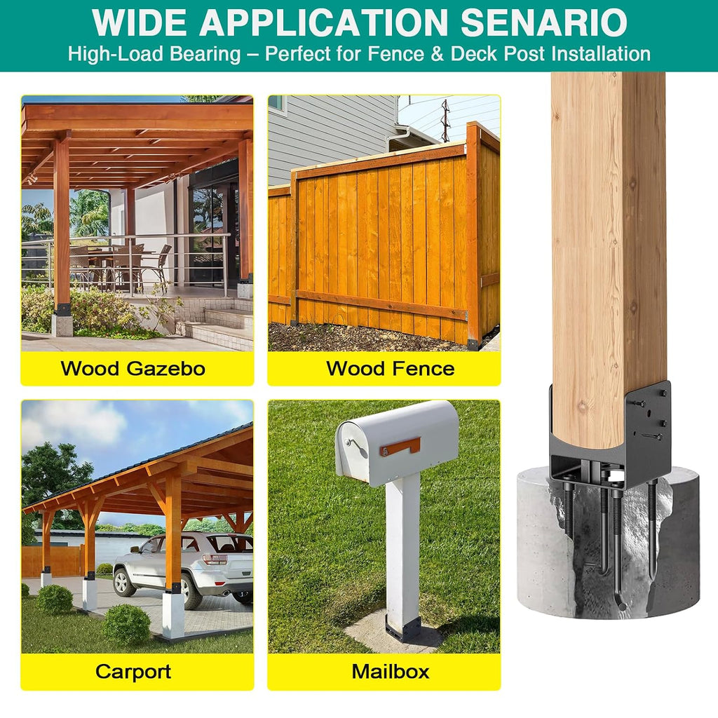 Heavy Duty Stainless Steel Post Base Anchor Bracket for 6'x6' Post with Air Flow Channel, U-Shaped Post Holder Bracket with Rebars for Concrete Foundation, Wood Gazebo, Pergola, 4Pack[Patent Pending]