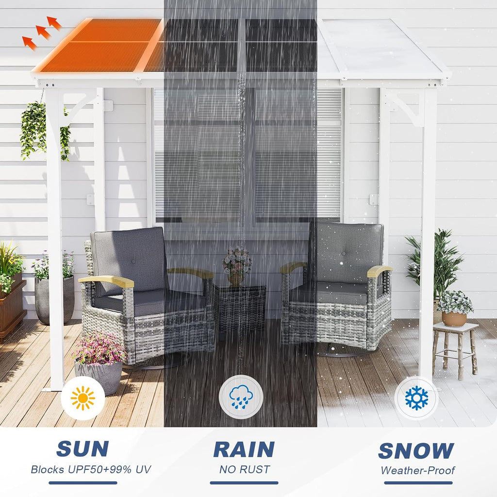 MEISSALIVVE 8' x 8' Wall Mounted Lean to Metal Awnings with Sloped Roof, Outdoor Patio Gazebo Awning for Backyard, Deck, White