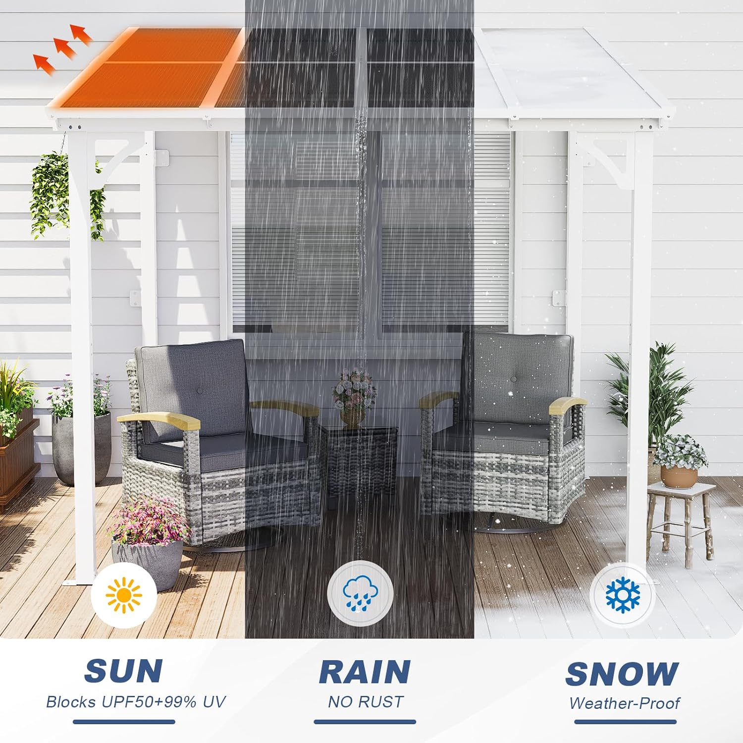 MEISSALIVVE 8' x 8' Wall Mounted Lean to Metal Awnings with Sloped Roof, Outdoor Patio Gazebo Awning for Backyard, Deck, White