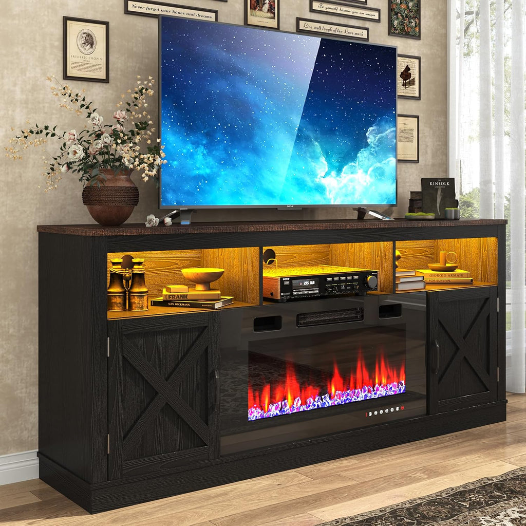 jiteentarou Farmhouse Fireplace TV Stand for 70/75/80 Inch TV, 32'Tall Entertainment Center w/ 36'Electric Fireplace and LED Light, 70'Media Console w/Barn Door Cabinet for Living Room, Black