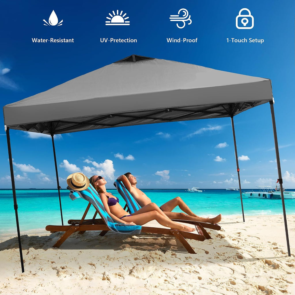 10x10 Pop Up Canopy Tent with One Push Setup, Portable Sun Shade Tent, Instant Easy Up Canopy with 4-Sidewalls & Wheeled Bag, Outdoor Fldable Gazebo with Vent Top, Grey.