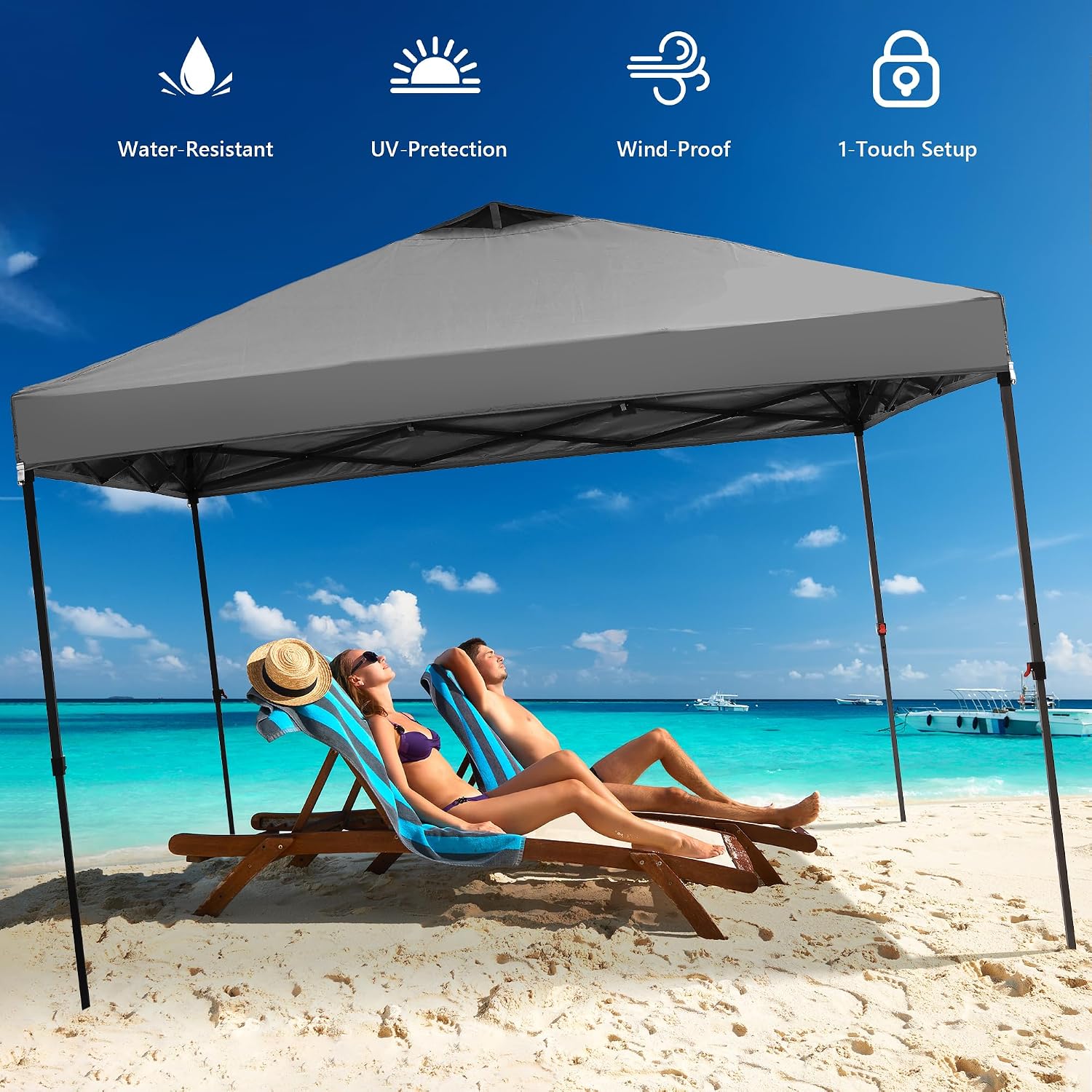 10x10 Pop Up Canopy Tent with One Push Setup, Portable Sun Shade Tent, Instant Easy Up Canopy with 4-Sidewalls & Wheeled Bag, Outdoor Fldable Gazebo with Vent Top, Grey.