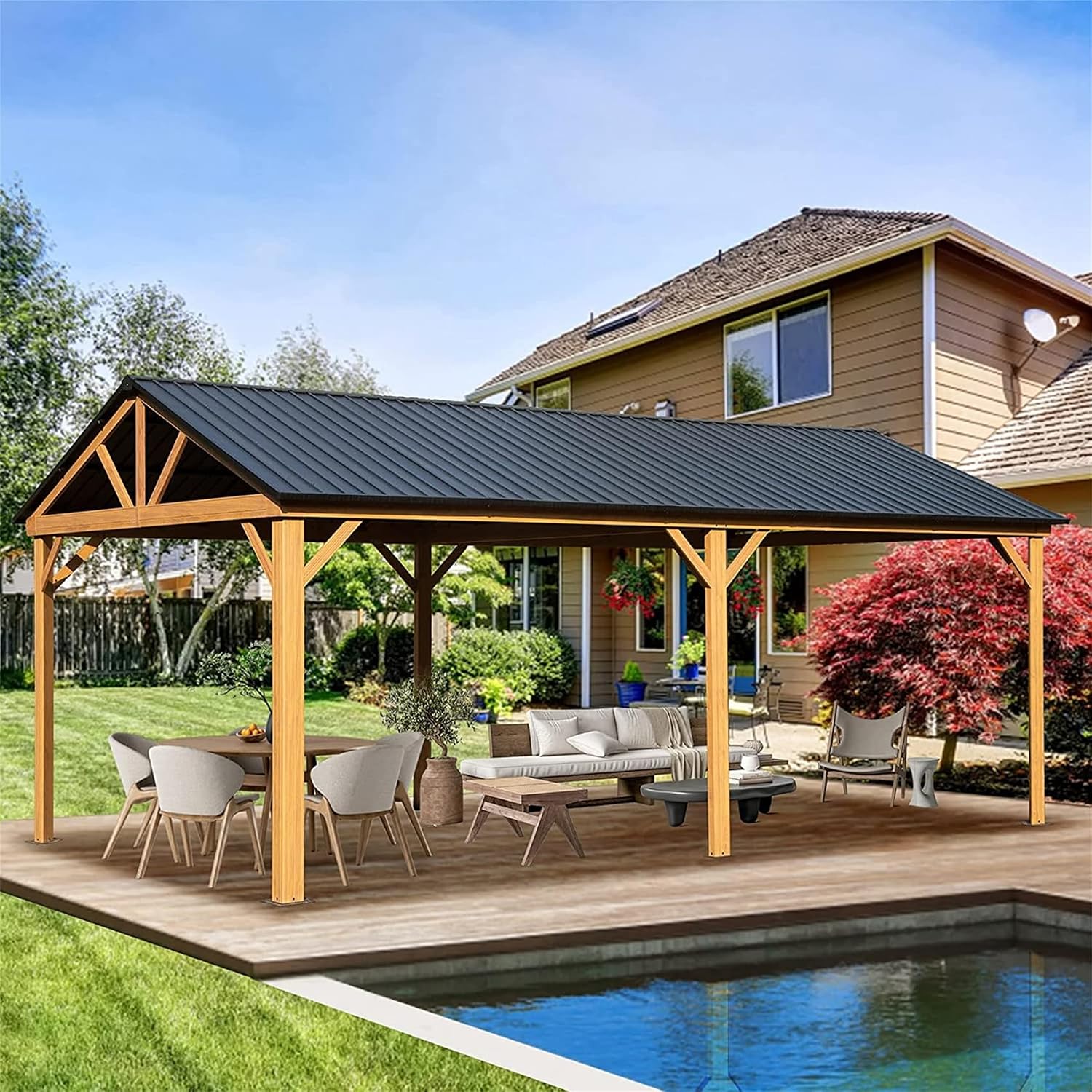 12'x20' Hardtop Gazebo, Outdoor Wooden Coated Aluminum Frame Hard Top Gazebo with Galvanized Steel Double Roof, Permanent Metal Roof Gazebo Pavilion for Deck, Patio and Garden (Yellow-Brown)