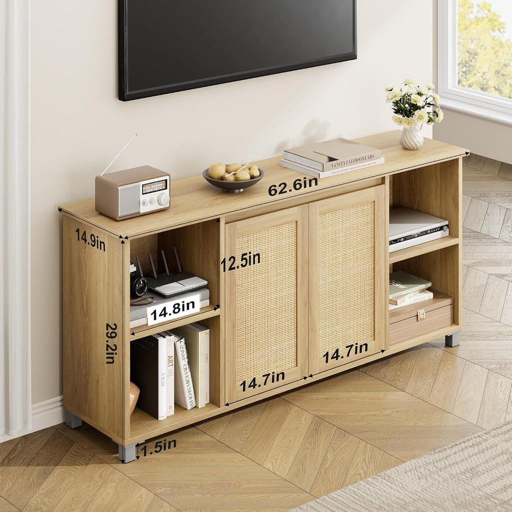 GarveeHome 70 Inch TV Stand, Mid-Century Modern Entertainment Center with Rattan Cabinet Doors, Media Console with Open Shelves, TV Stands for Living Room - Natural