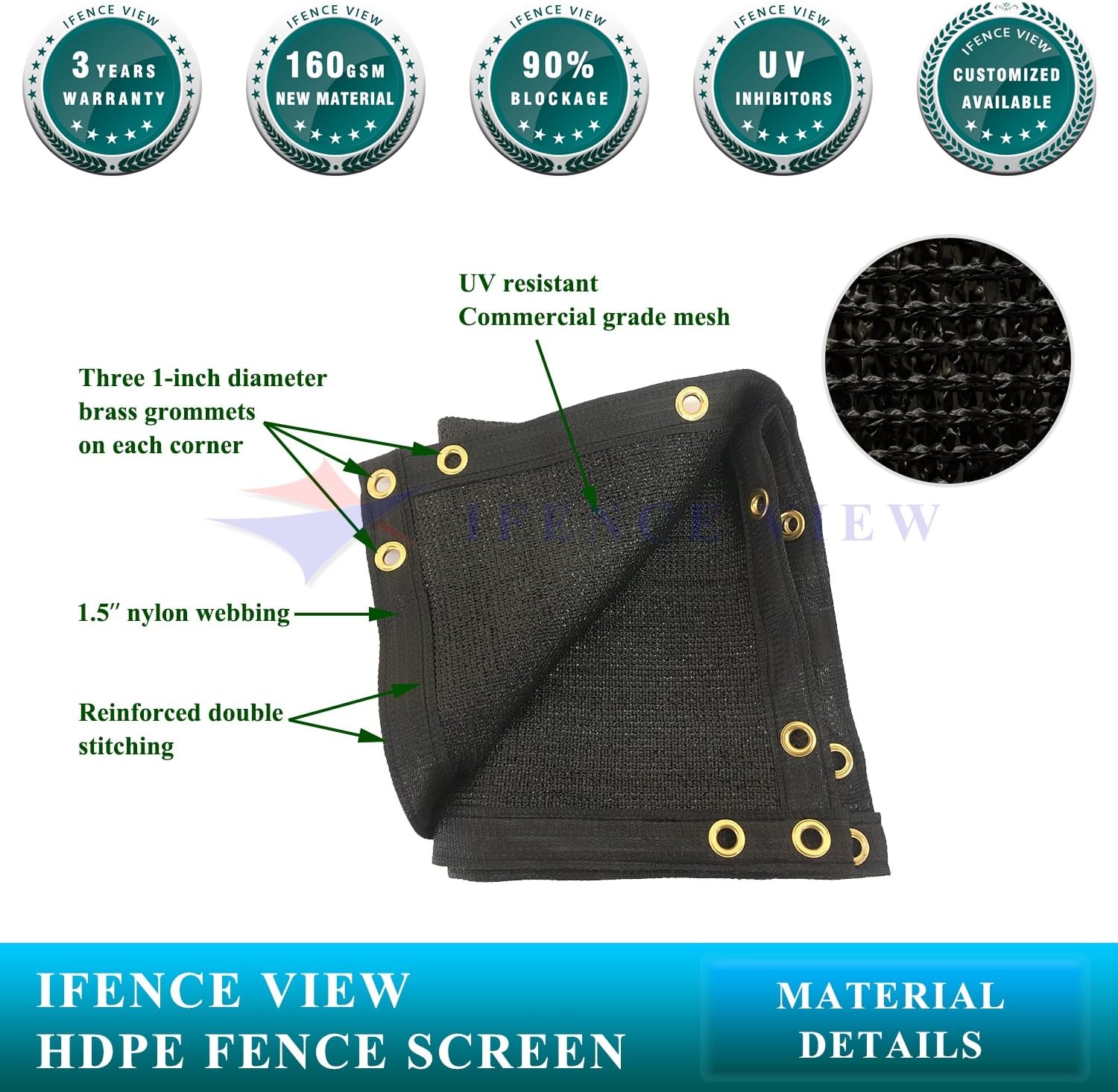 Ifenceview 3' x 1' to 3' x 100' Black Shade Cloth Fabric Fence Privacy Screen Panels Mesh Net for Construction Site Yard Garden Pergola Gazebos Railing Canopy Awning 180 GSM UV Protection (3' x 99')