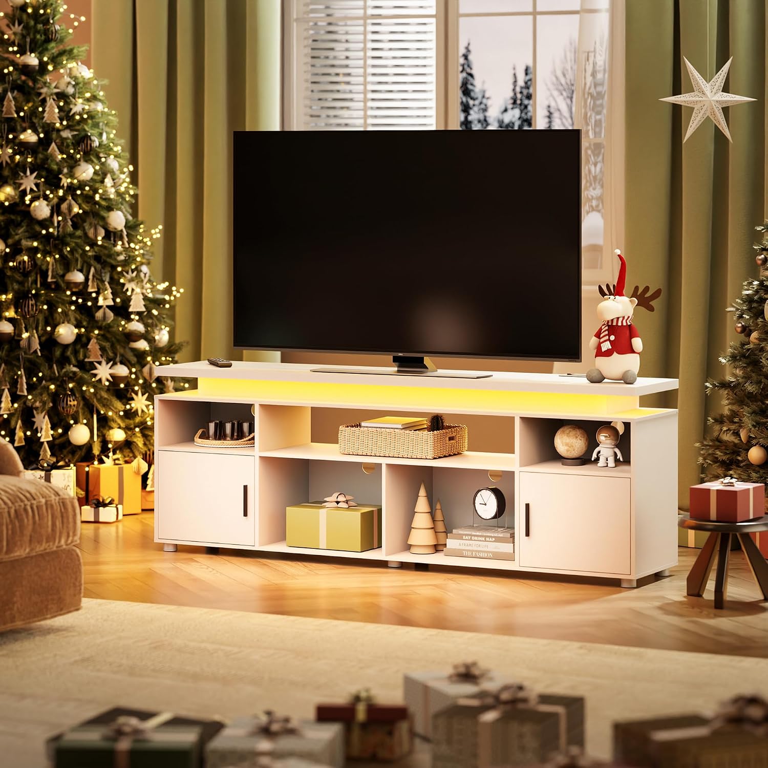 SUNCOZE TV Stand, Entertainment Center with LED Lights and Cabinet for 70/75/80 Inch TV, Modern TV Console Gaming Media Television Stands with Power Outlets for PS5 in Living Room and Bedroom, White