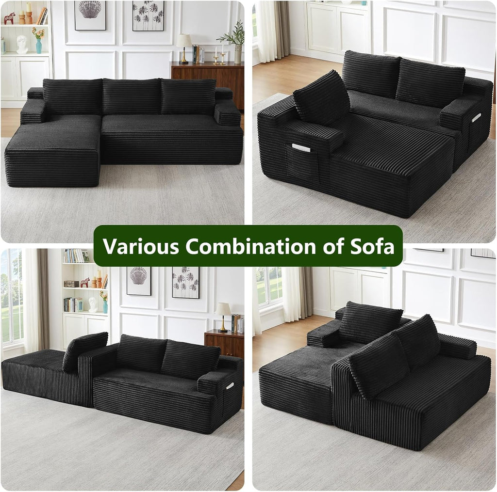 96' Modular Sectional Sofa, Modern Corduroy Cloud Couch with Side Pockets, Boneless Couch Upholstered 3-Seater L-Shaped Sofa for Living Room, No Assembly Required (Black, Left-Facing Chaise)