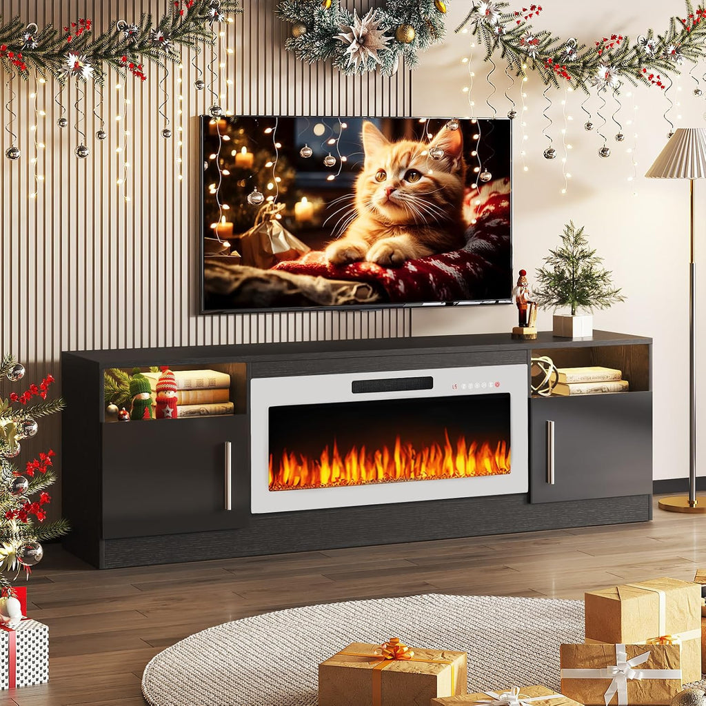 TAVATA 70' Fireplace TV Stand, Modern LED Light Entertainment Center with Storage and 36' Fireplace, Media TV Console for TVs Up to 80', Fire Place TV Stands for Living Room, Black+White