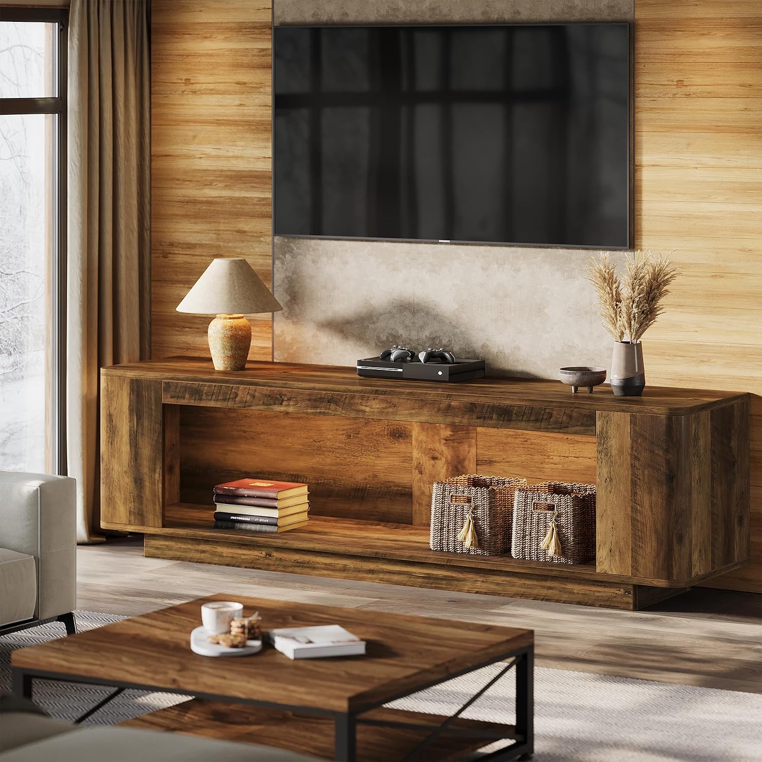 Tribesigns 70.9-Inch TV Stand, Farmhouse Entertainment Center for 65/70/75/80-Inch TVs, Television Console Table with LED Light Strip, Media Console for Living Room, Bedroom, Rustic Brown